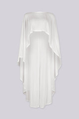 Sheer mesh cropped top with a wide boat neckline featuring sleeves flow into dramatic elongated cascading points that sweep down past the floor