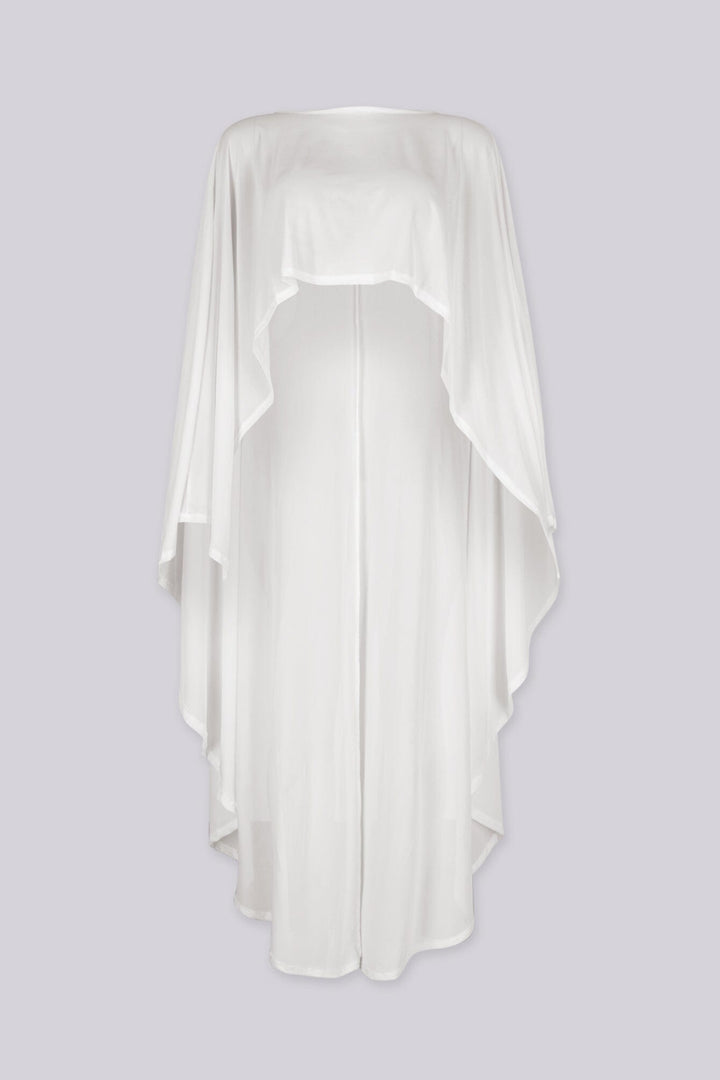 Sheer mesh cropped top with a wide boat neckline featuring sleeves flow into dramatic elongated cascading points that sweep down past the floor