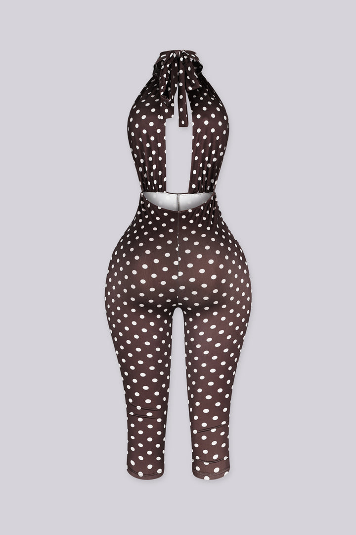 Polka dot pattern high halter neck jumpsuit with a keyhole cutout at the front chest