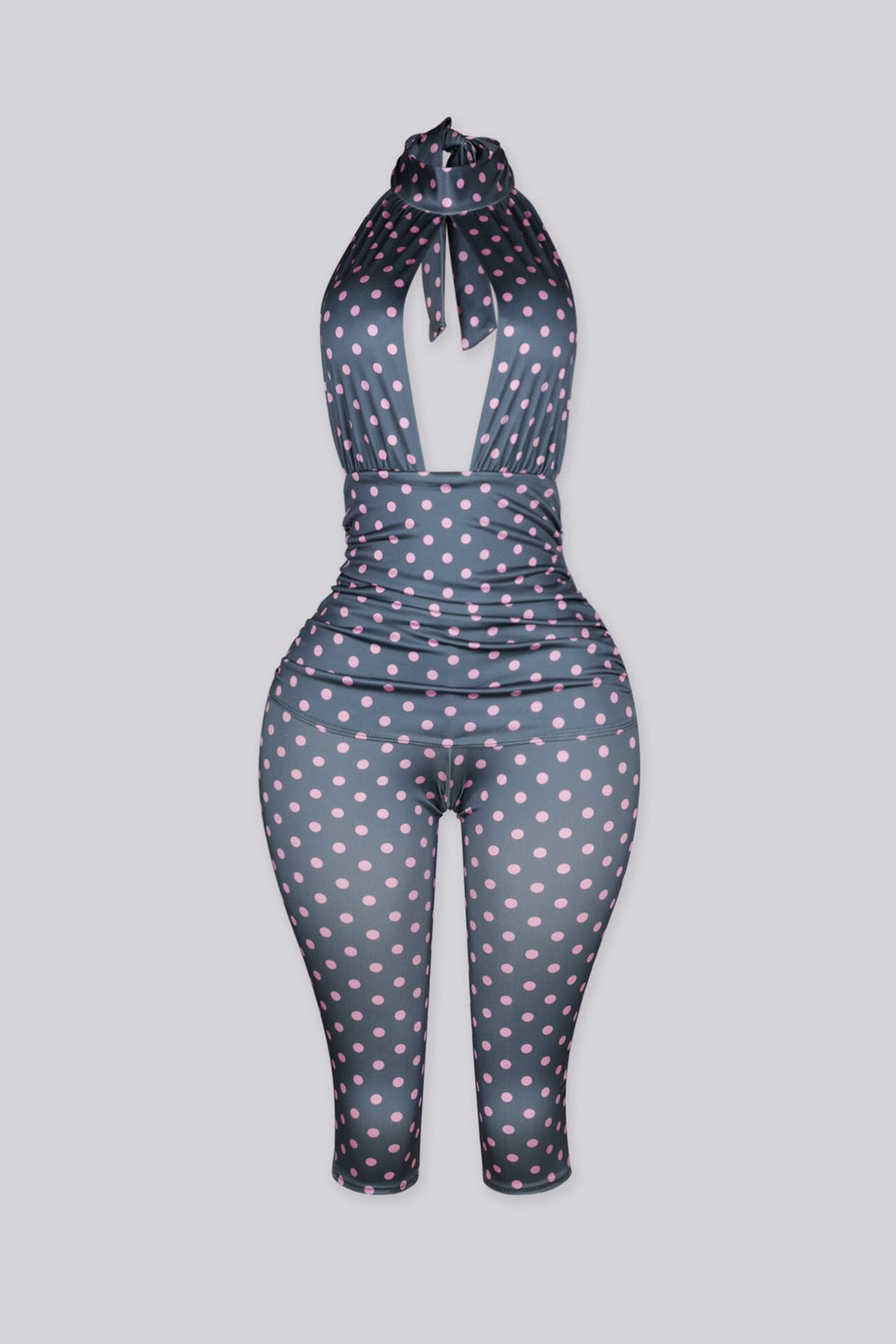 Polka dot pattern high halter neck jumpsuit with a keyhole cutout at the front chest