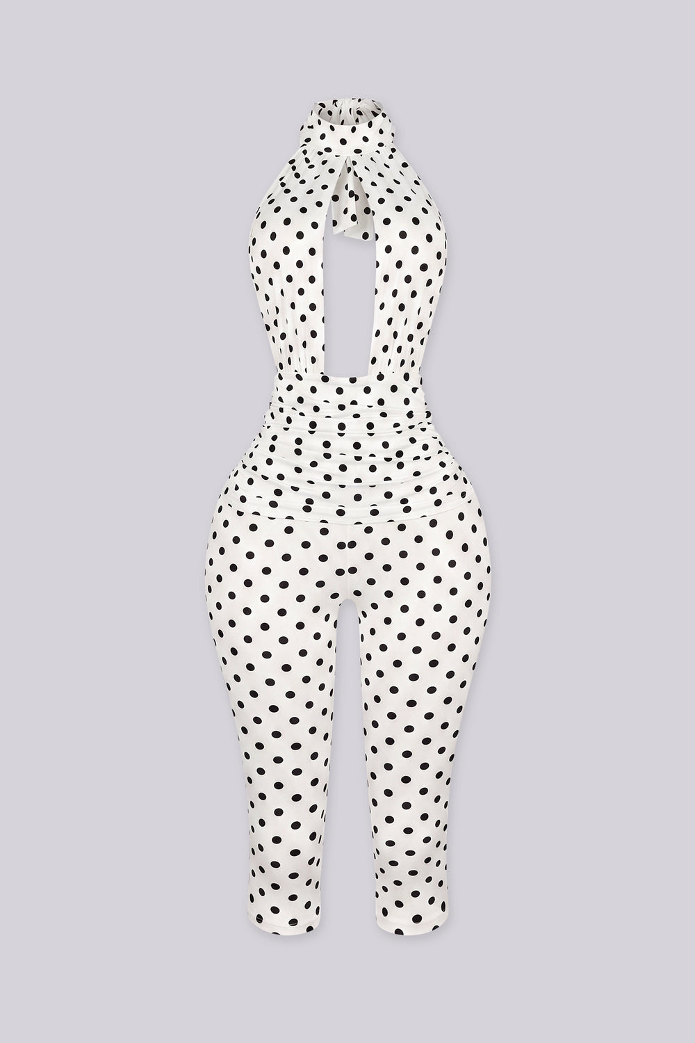 Polka dot pattern high halter neck jumpsuit with a keyhole cutout at the front chest
