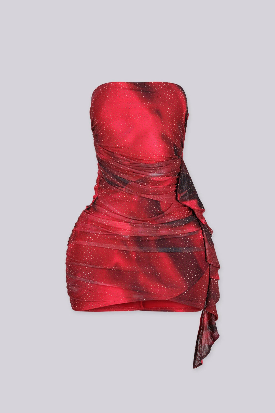 Mesh tube top fitted mini dress with a scattered crystal rhinestone finish throughout