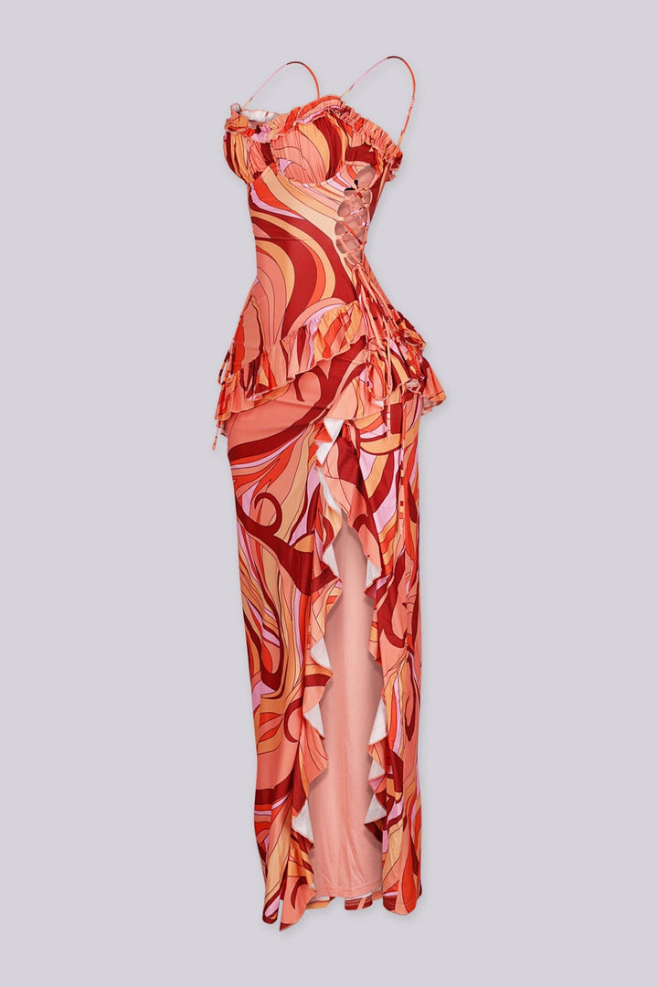Abstract swirl print maxi dress featuring ruched sweetheart neckline, Asymmetrical tiered ruffle with side tie detail at waist