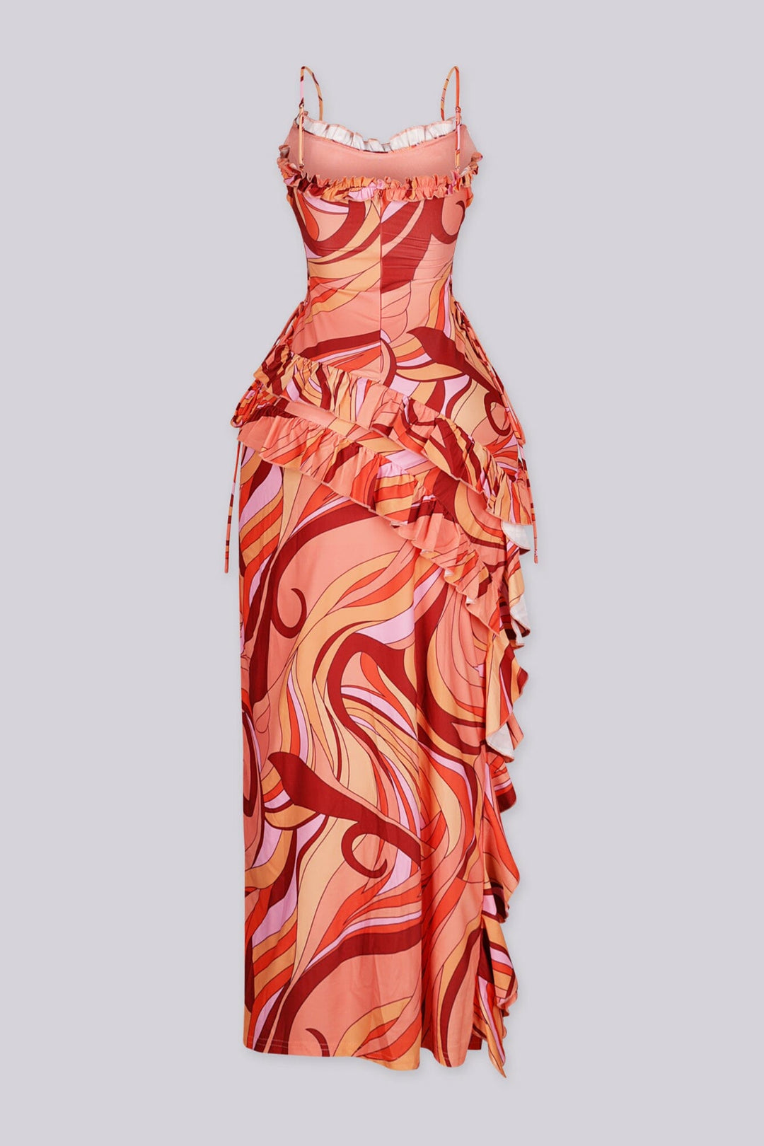 Abstract swirl print maxi dress featuring ruched sweetheart neckline, Asymmetrical tiered ruffle with side tie detail at waist