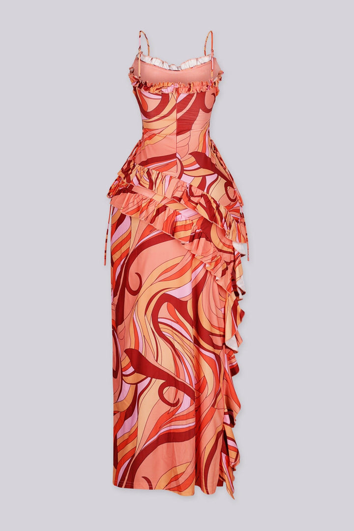 Abstract swirl print maxi dress featuring ruched sweetheart neckline, Asymmetrical tiered ruffle with side tie detail at waist