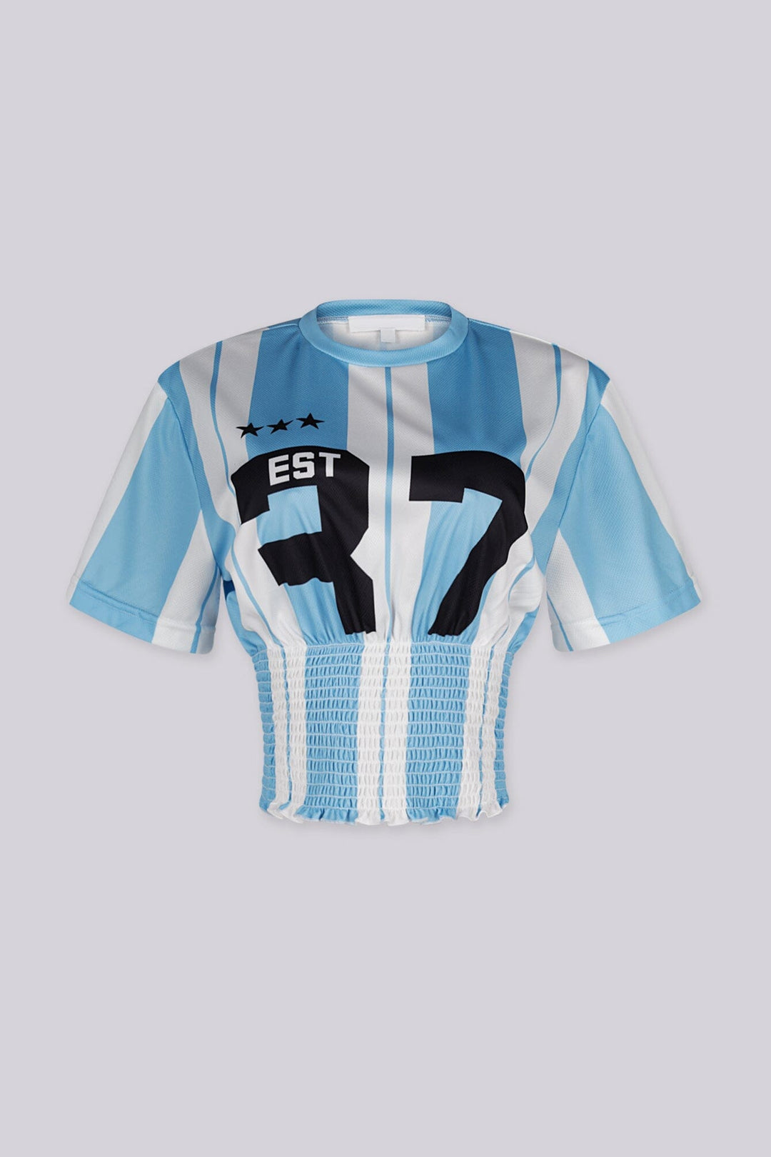 Vertical stripes short sleeve graphic crop top featuring a cinched smocked waist