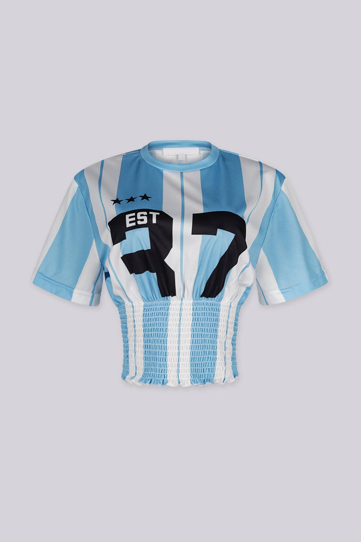 Vertical stripes short sleeve graphic crop top featuring a cinched smocked waist