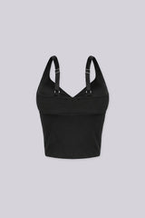Cropped tank top featuring a flattering sweetheart neckline and padded bustier with adjustable straps