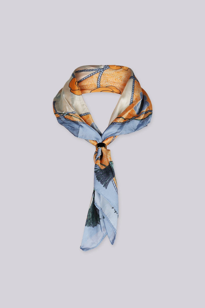 Satin sheer scarf
Rope and floral rose print throughout,
Gold detachable ring hardware detail