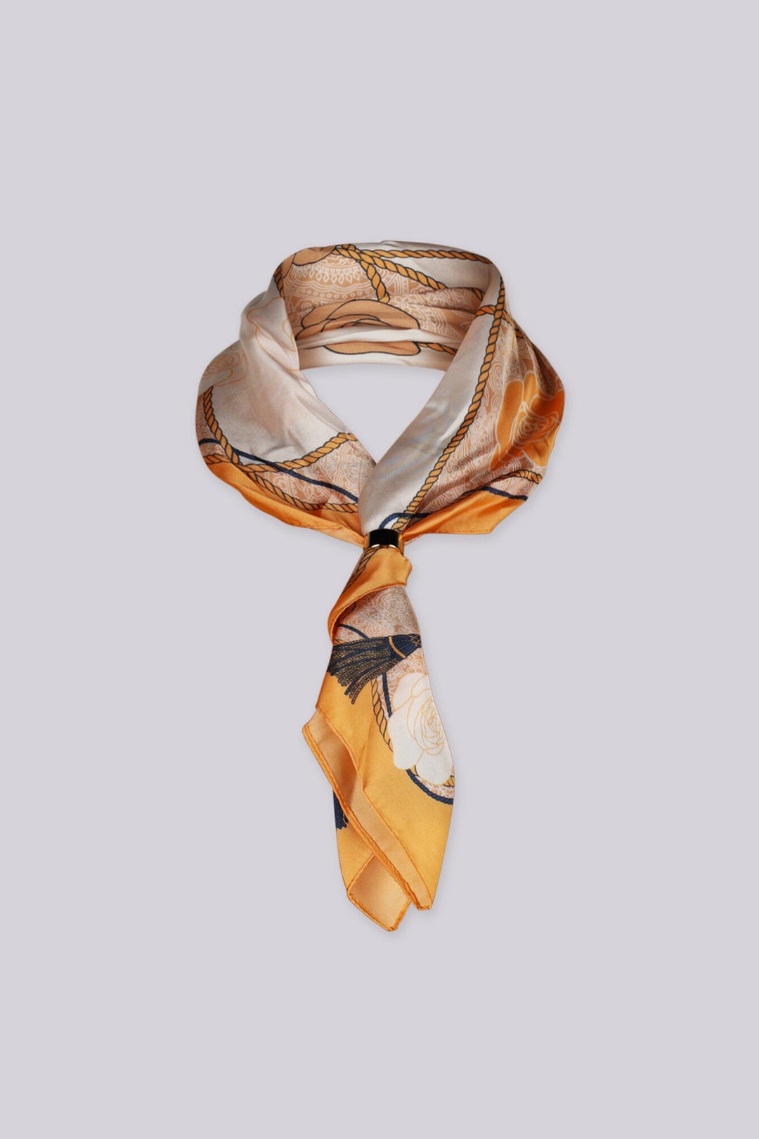 Satin sheer scarf
Rope and floral rose print throughout,
Gold detachable ring hardware detail