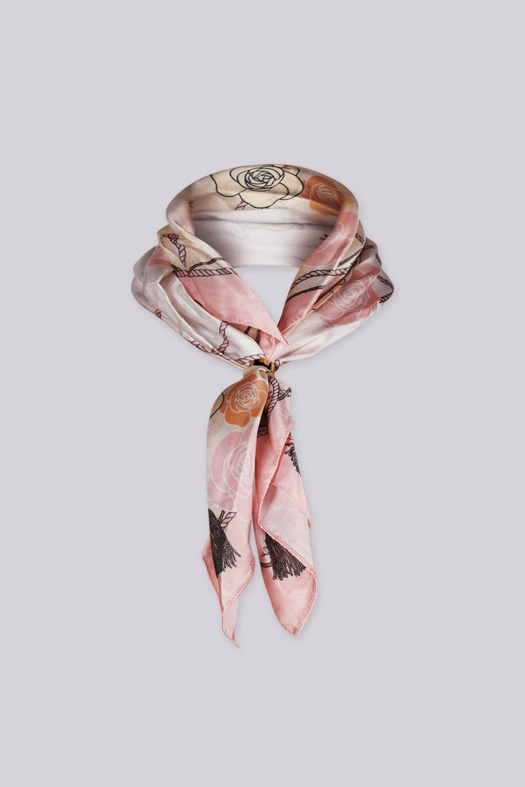 Satin sheer scarf
Rope and floral rose print throughout,
Gold detachable ring hardware detail