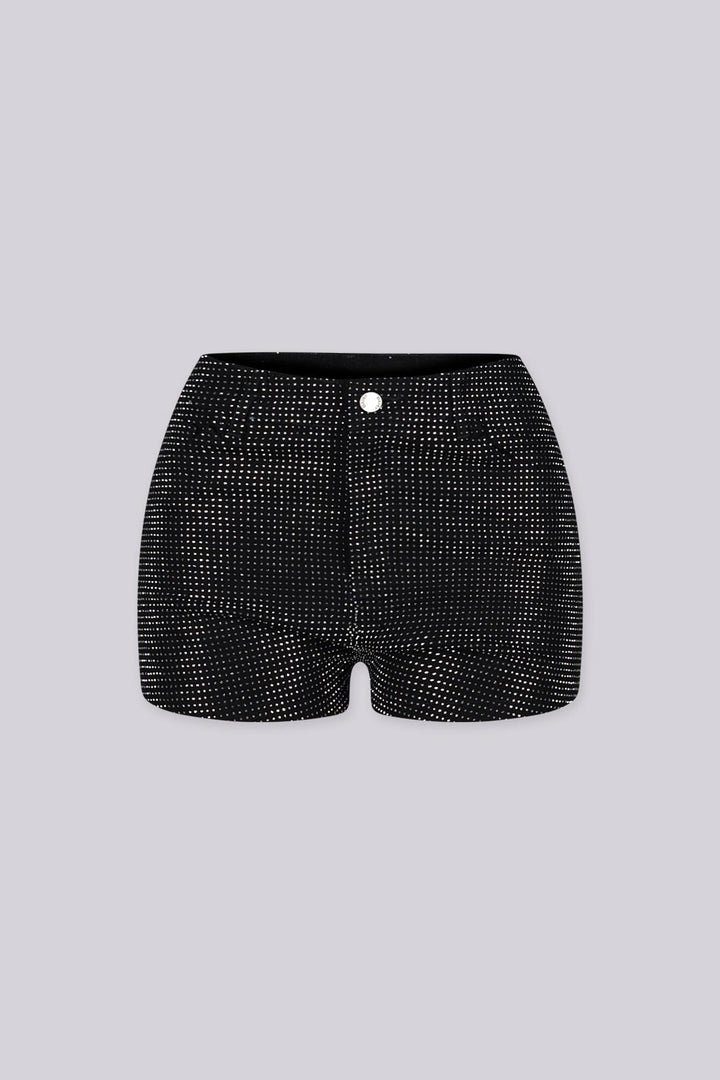 High rise mini shorts with rhinestone studs detailing throughout