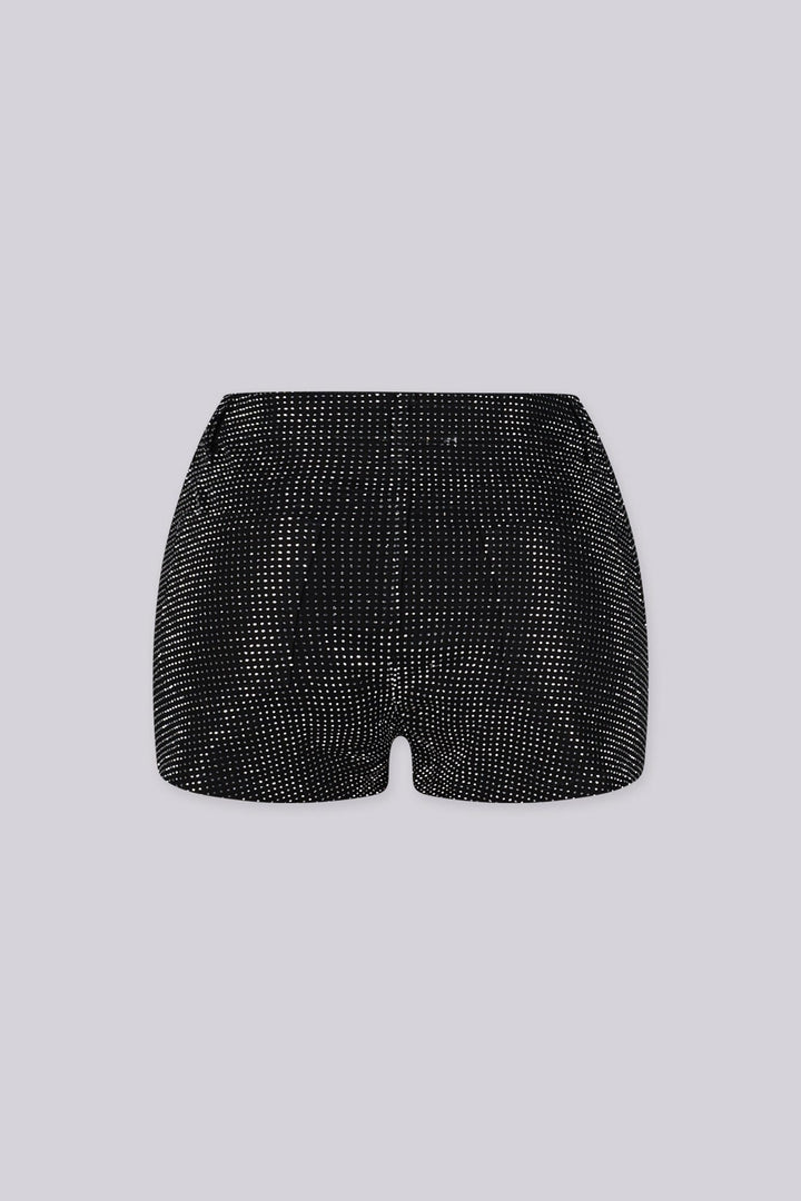 High rise mini shorts with rhinestone studs detailing throughout
