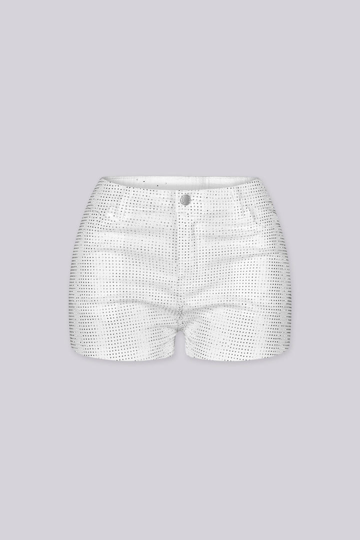 High rise mini shorts with rhinestone studs detailing throughout