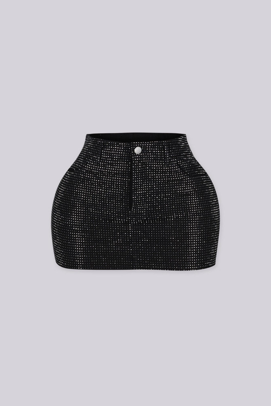 High rise mini skirt with rhinestone studs detailing throughout