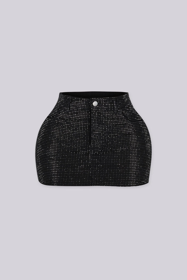 High rise mini skirt with rhinestone studs detailing throughout