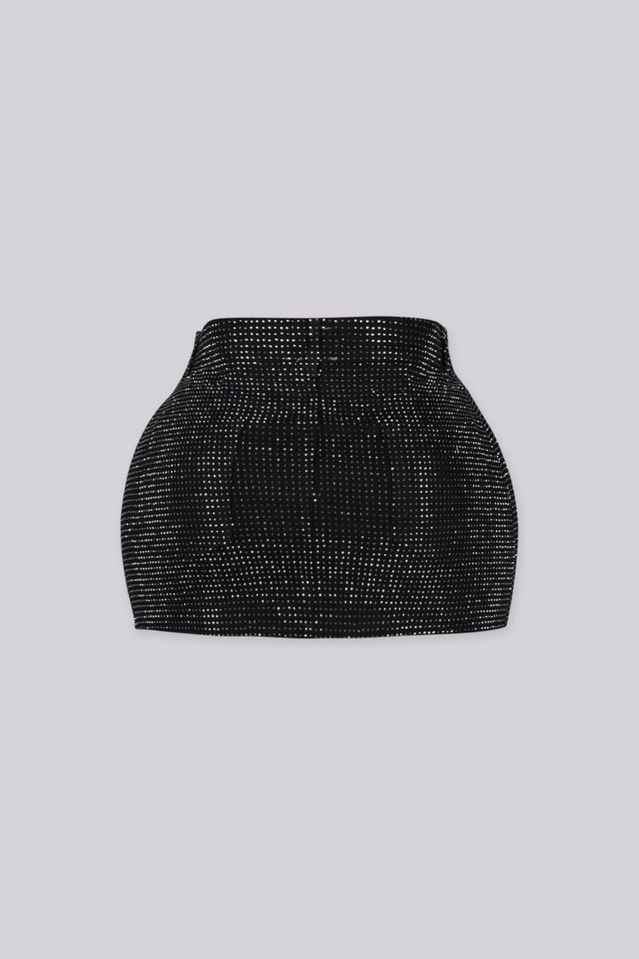 High rise mini skirt with rhinestone studs detailing throughout