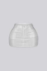 High rise mini skirt with rhinestone studs detailing throughout