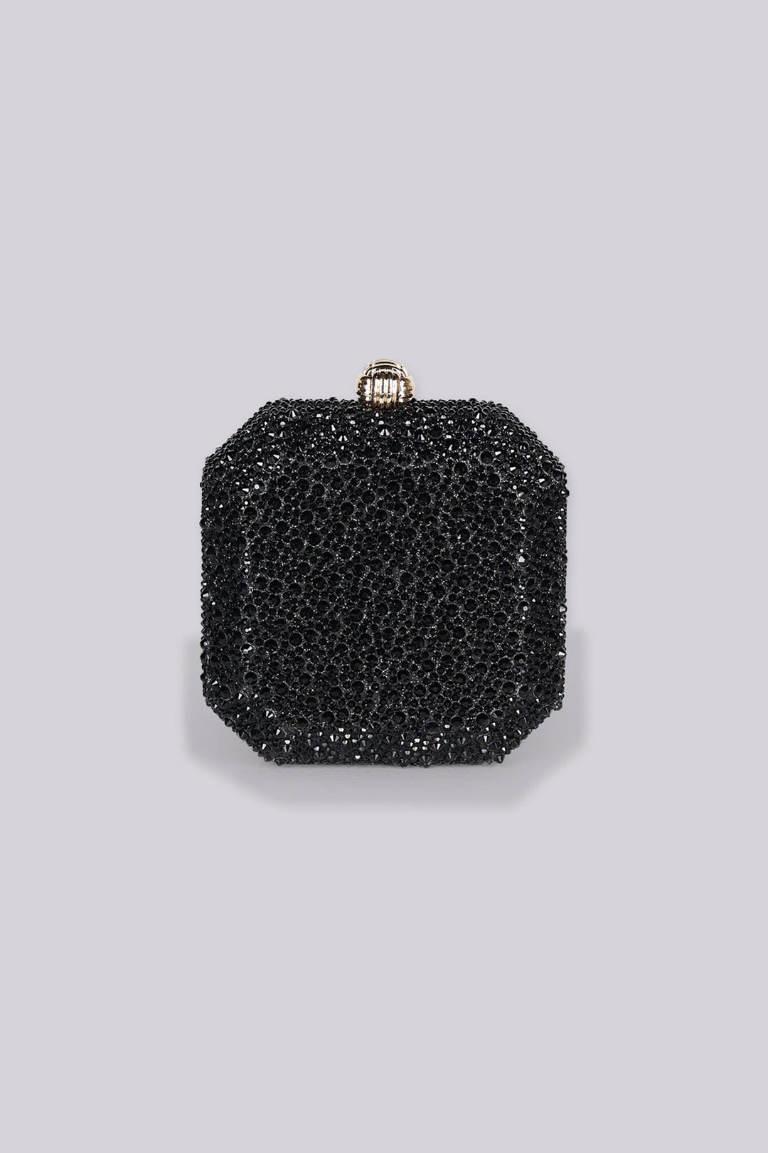 Structured square clutch bag with beveled corners and top clasp closure featuring all over rhinestone embellishment details