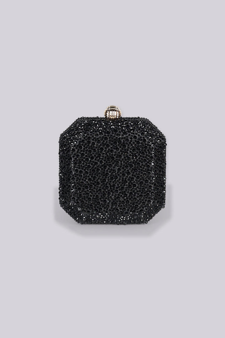 Structured square clutch bag with beveled corners and top clasp closure featuring all over rhinestone embellishment details