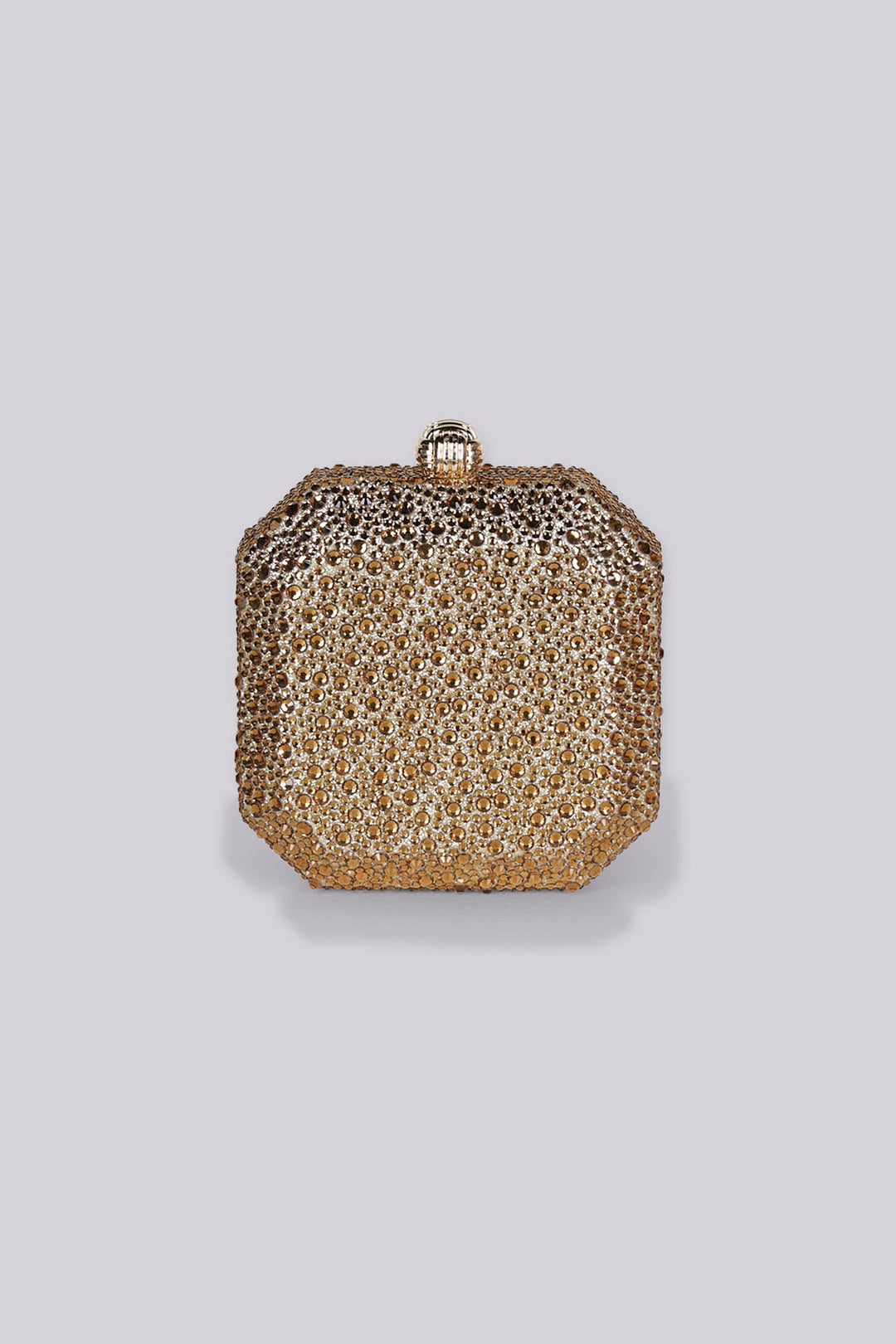 Structured square clutch bag with beveled corners and top clasp closure featuring all over rhinestone embellishment details