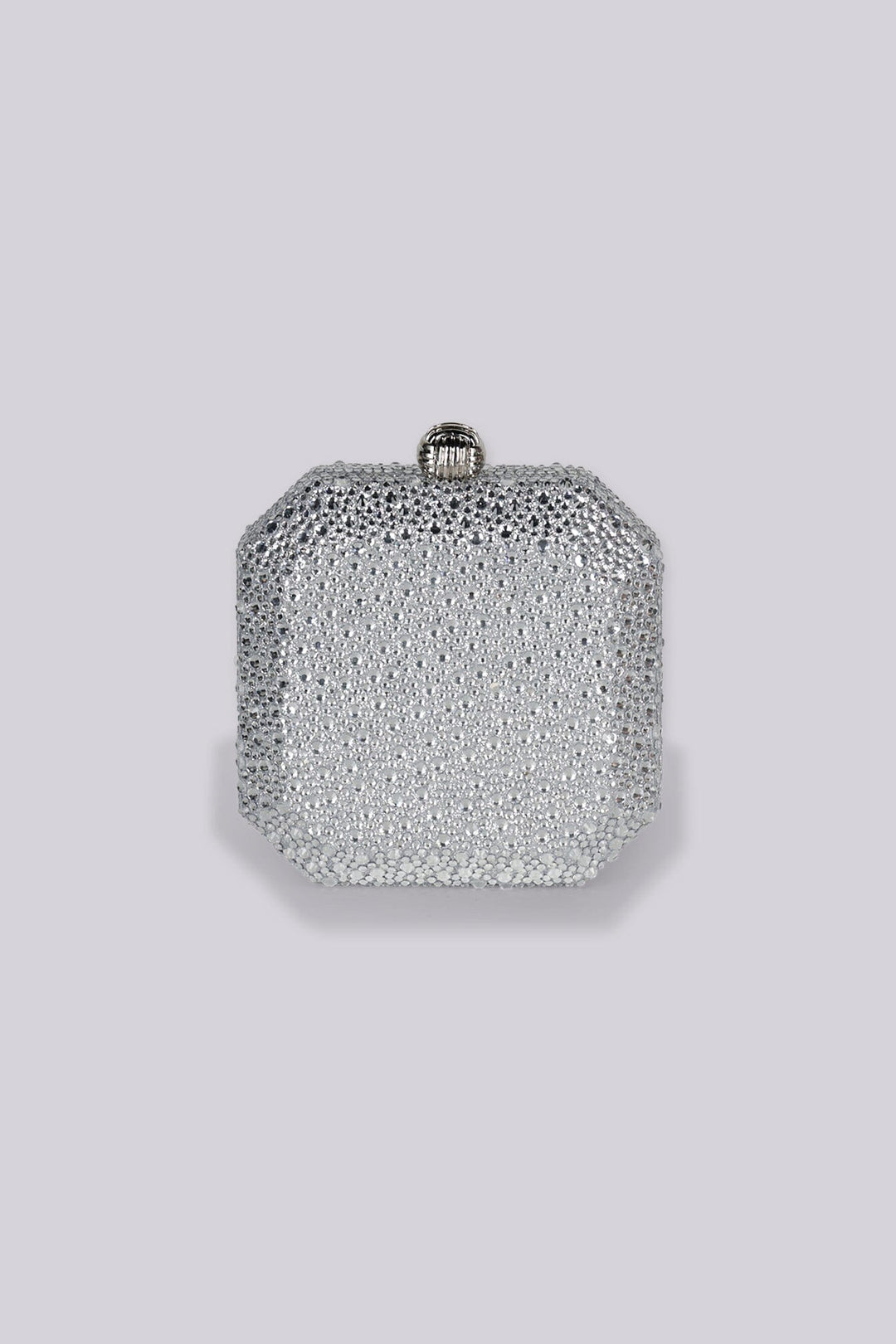 Structured square clutch bag with beveled corners and top clasp closure featuring all over rhinestone embellishment details