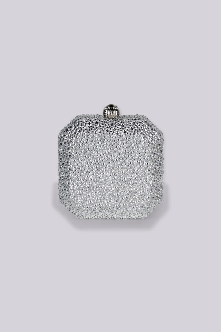 Structured square clutch bag with beveled corners and top clasp closure featuring all over rhinestone embellishment details