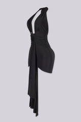 Plunging halter neckline mini dress with a long statement draping tail, Fitted ruched bodice gathers into a cinched waist with U shape hardware center front