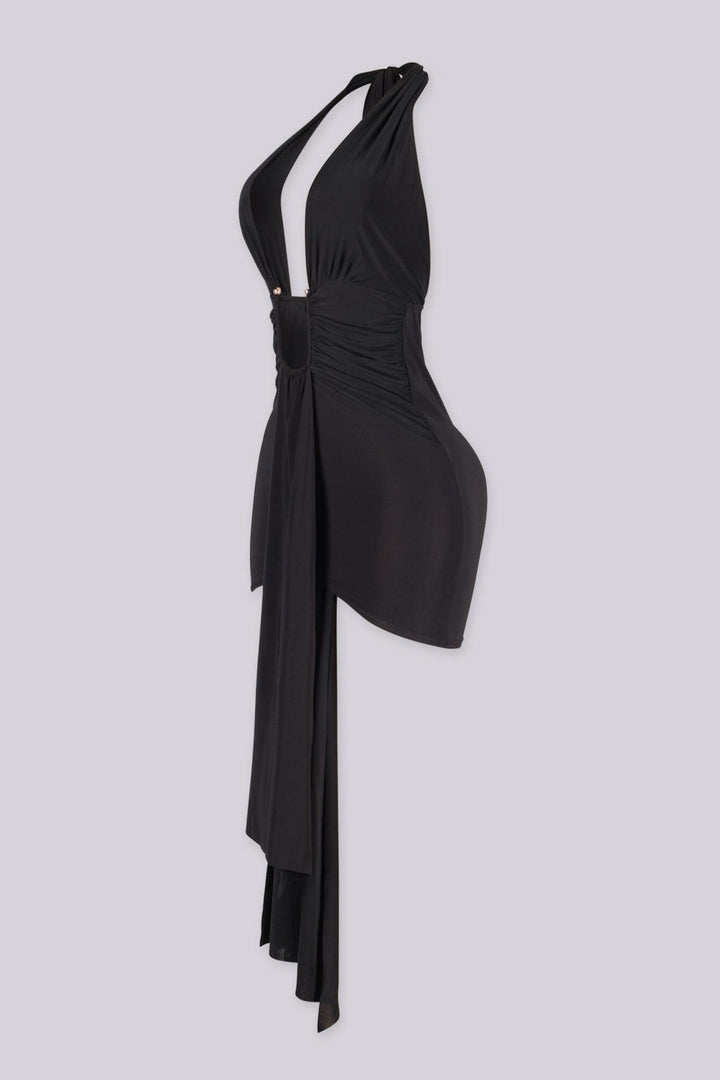Plunging halter neckline mini dress with a long statement draping tail, Fitted ruched bodice gathers into a cinched waist with U shape hardware center front