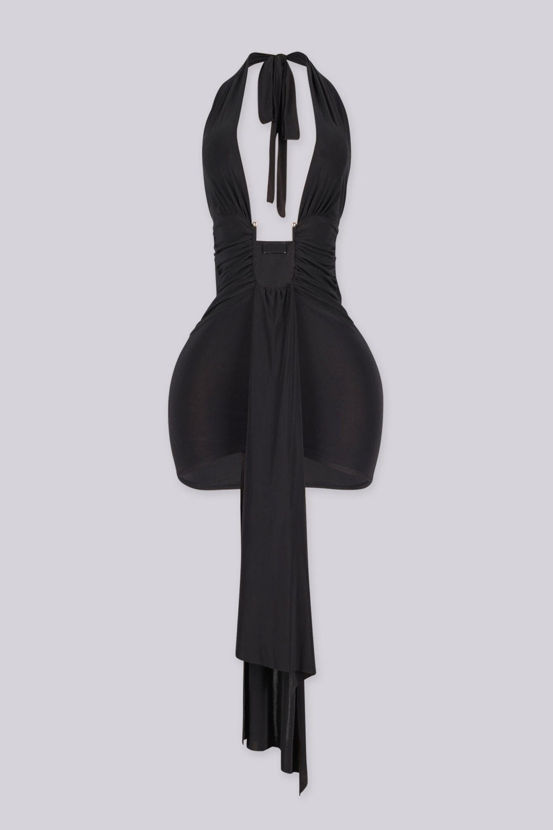 Plunging halter neckline mini dress with a long statement draping tail, Fitted ruched bodice gathers into a cinched waist with U shape hardware center front