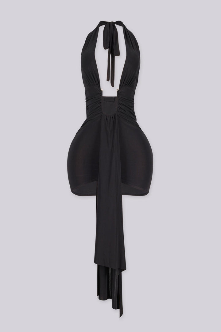 Plunging halter neckline mini dress with a long statement draping tail, Fitted ruched bodice gathers into a cinched waist with U shape hardware center front