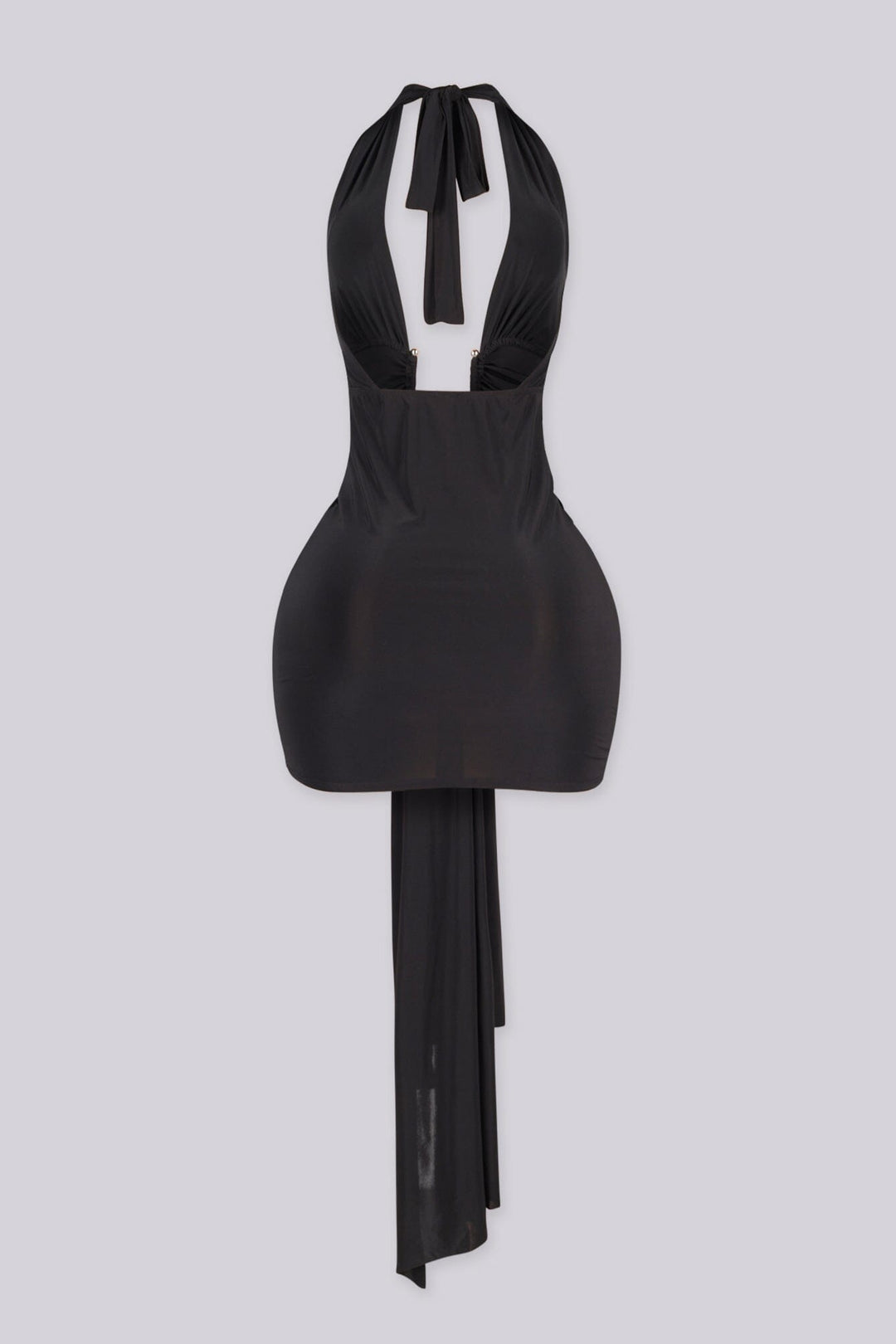 Plunging halter neckline mini dress with a long statement draping tail, Fitted ruched bodice gathers into a cinched waist with U shape hardware center front