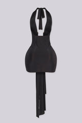 Plunging halter neckline mini dress with a long statement draping tail, Fitted ruched bodice gathers into a cinched waist with U shape hardware center front