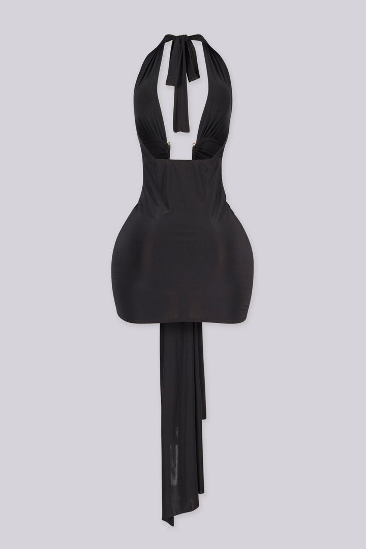 Plunging halter neckline mini dress with a long statement draping tail, Fitted ruched bodice gathers into a cinched waist with U shape hardware center front
