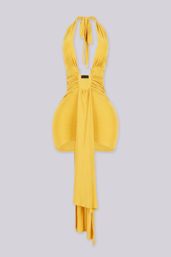 Plunging halter neckline mini dress with a long statement draping tail, Fitted ruched bodice gathers into a cinched waist with U shape hardware center front