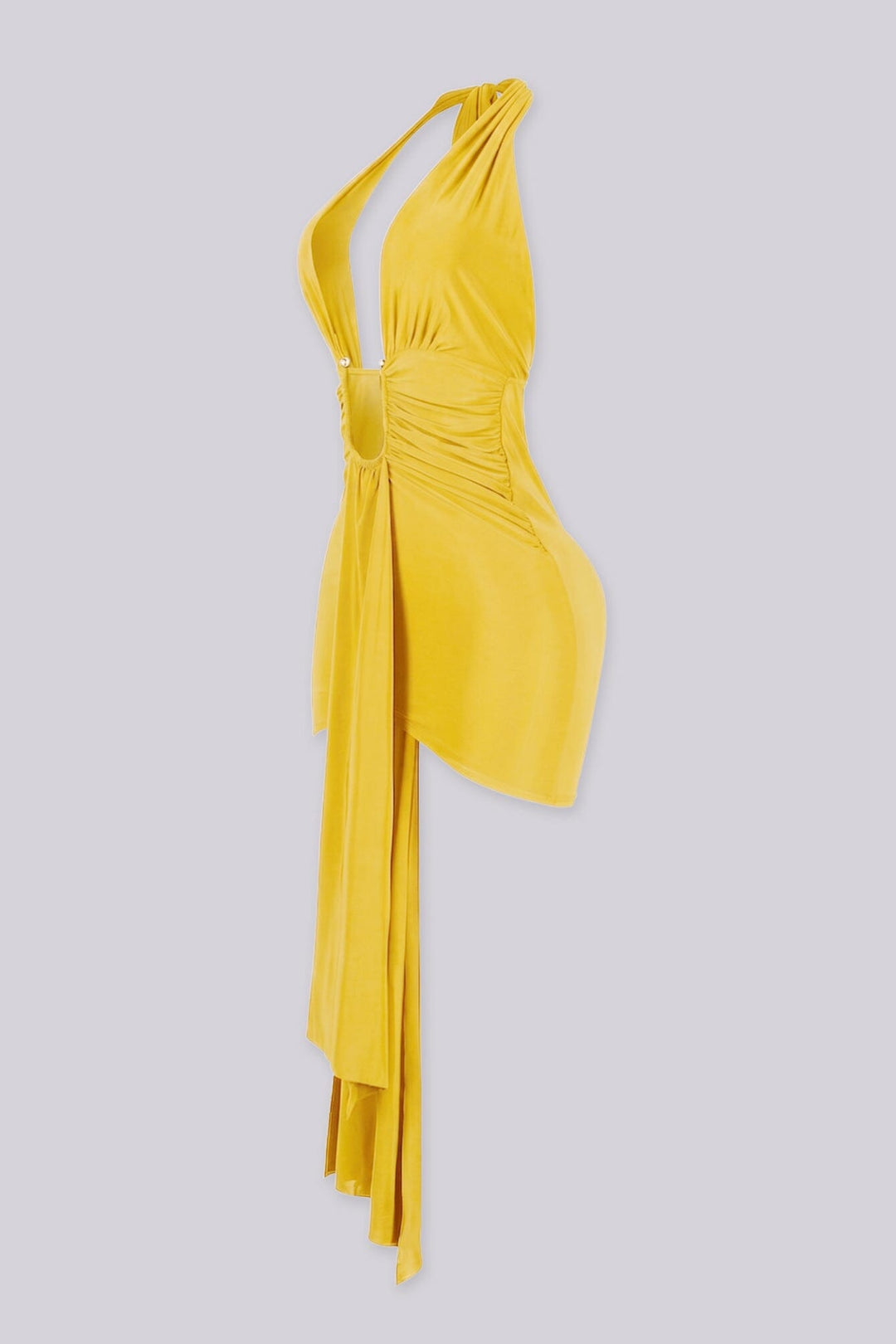 Plunging halter neckline mini dress with a long statement draping tail, Fitted ruched bodice gathers into a cinched waist with U shape hardware center front