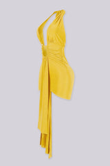 Plunging halter neckline mini dress with a long statement draping tail, Fitted ruched bodice gathers into a cinched waist with U shape hardware center front