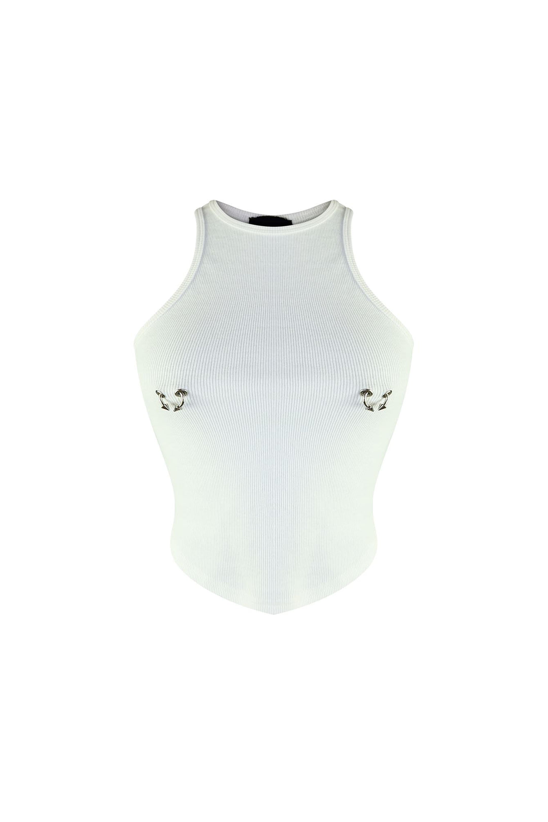 Ribbed high neck crop tank top with racerback featuring silver piercing detail on bust