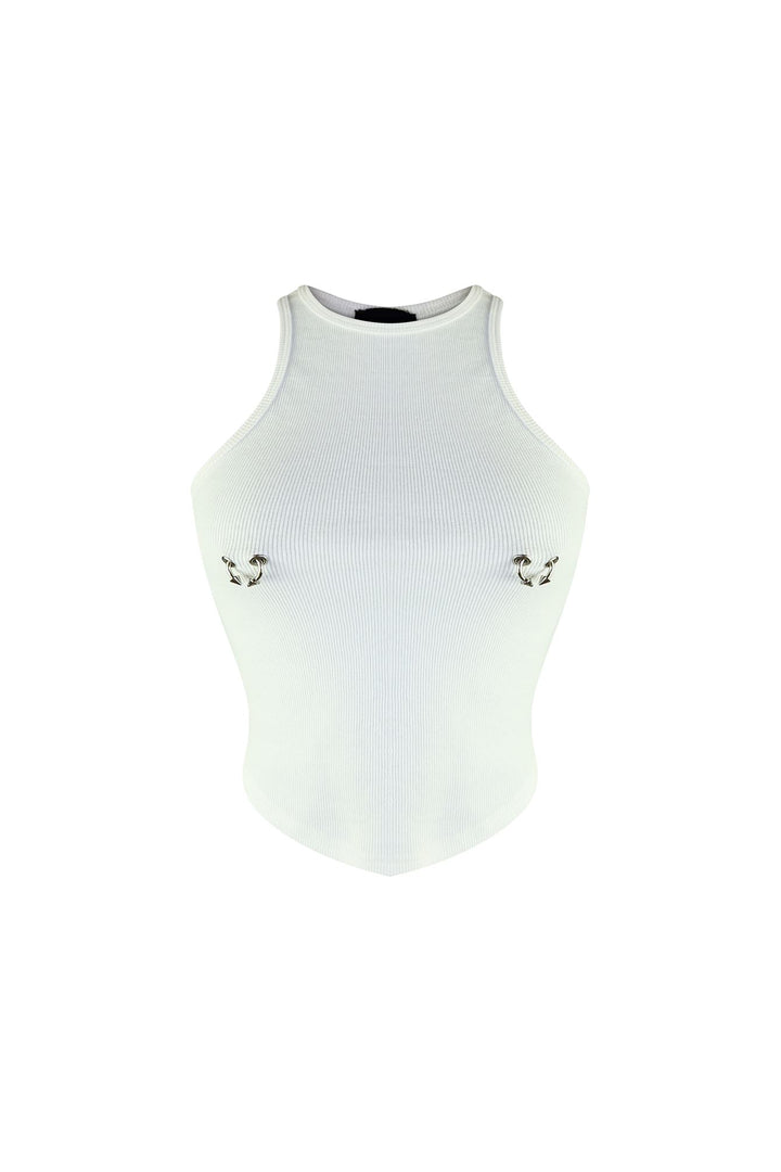 Ribbed high neck crop tank top with racerback featuring silver piercing detail on bust