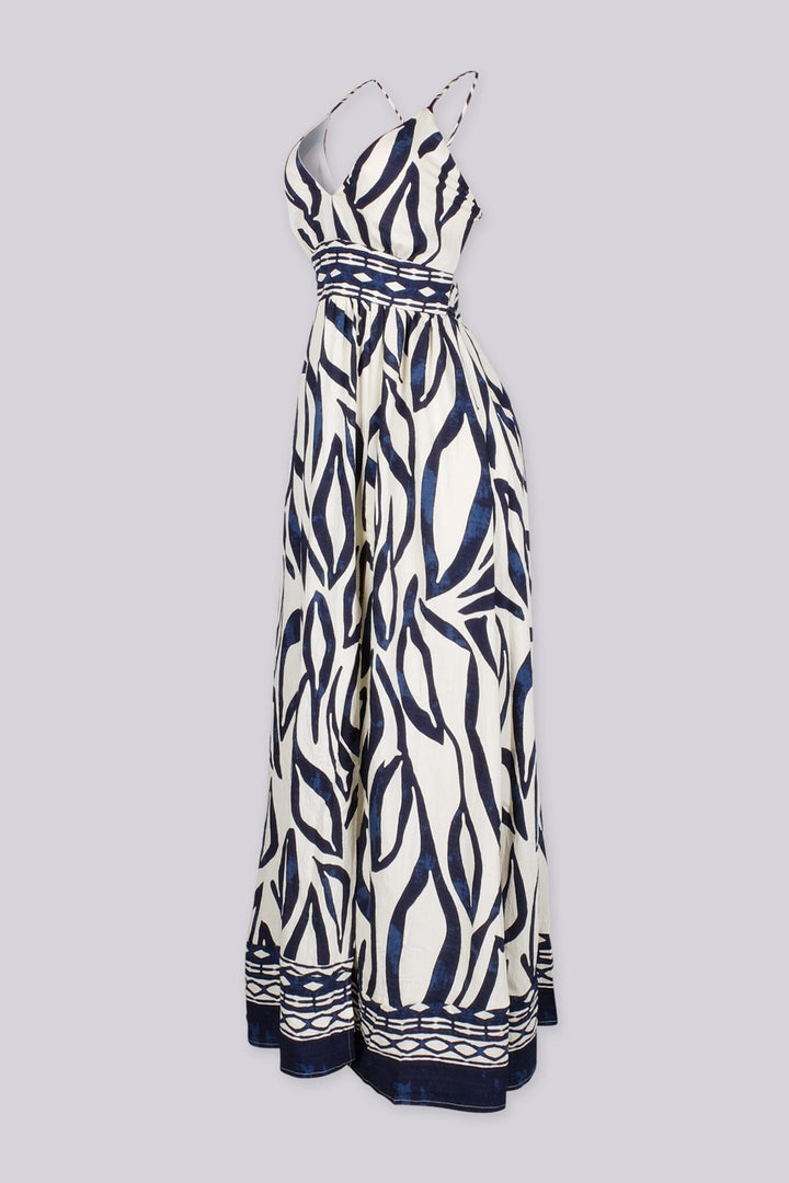 Abstract print summer maxi dress with side high slit for more flowing detail, side view