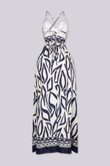 Abstract print summer maxi dress with side high slit for more flowing detail, back view