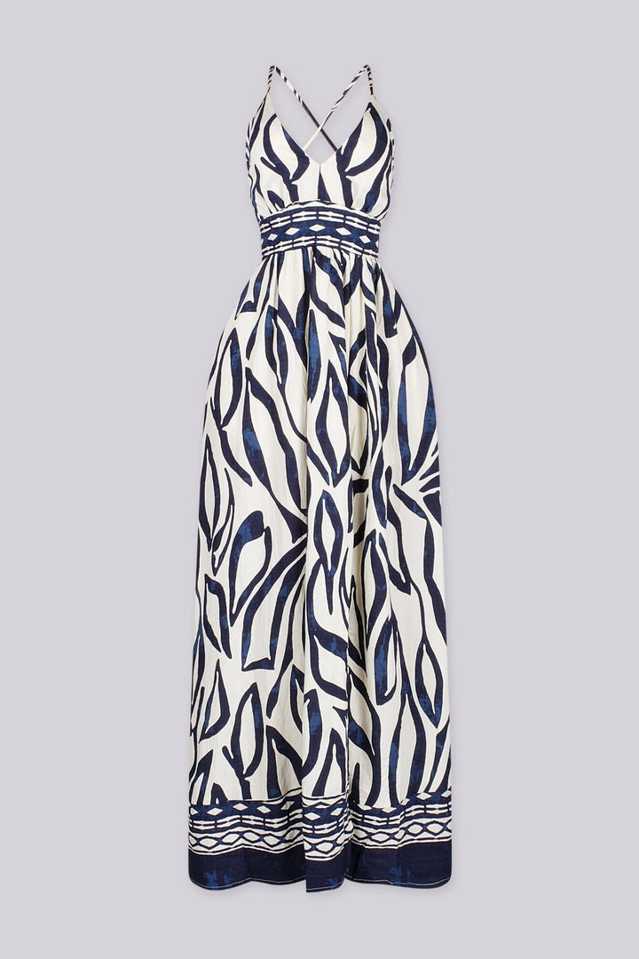 Abstract print summer maxi dress with side high slit for more flowing detail, front view