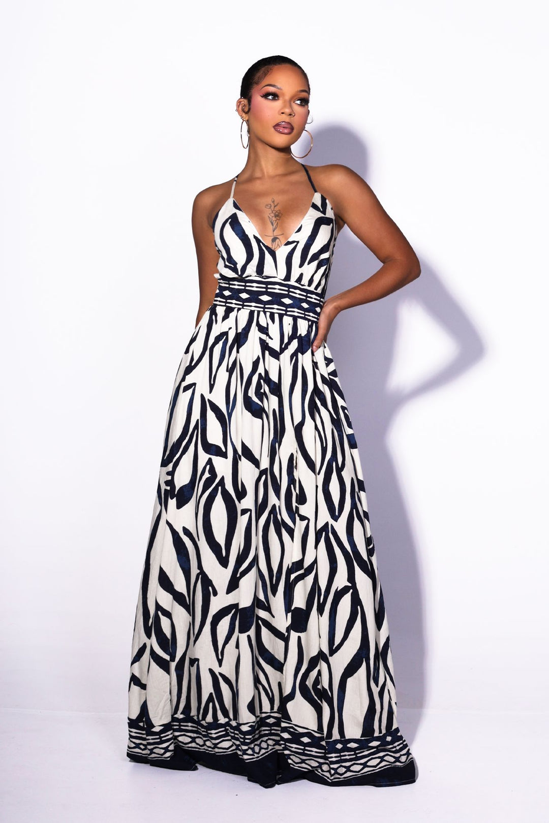 Abstract print summer maxi dress with side high slit for more flowing detail