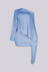 One shoulder relaxed mini dress with asymmetric neckline featuring long trailing sash at one side
