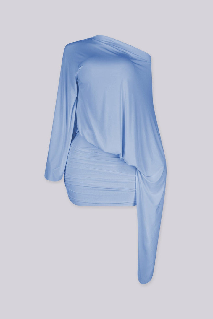 One shoulder relaxed mini dress with asymmetric neckline featuring long trailing sash at one side
