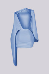 One shoulder relaxed mini dress with asymmetric neckline featuring long trailing sash at one side