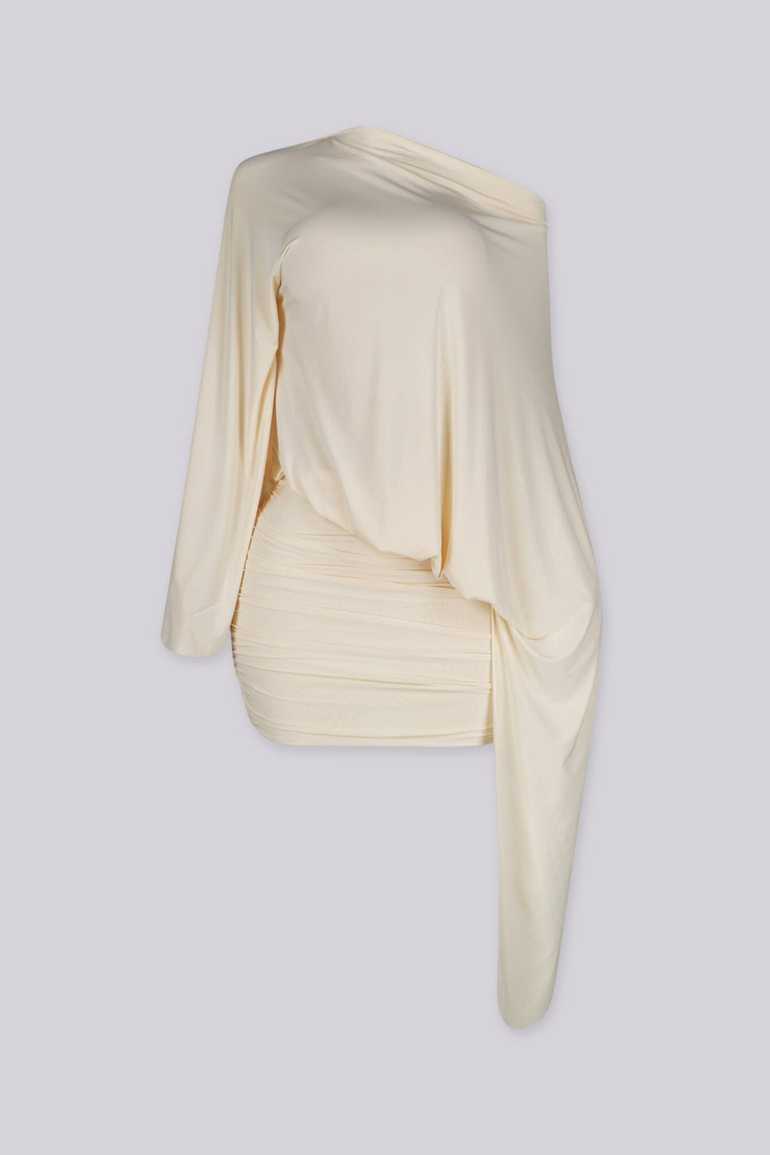 One shoulder relaxed mini dress with asymmetric neckline featuring long trailing sash at one side