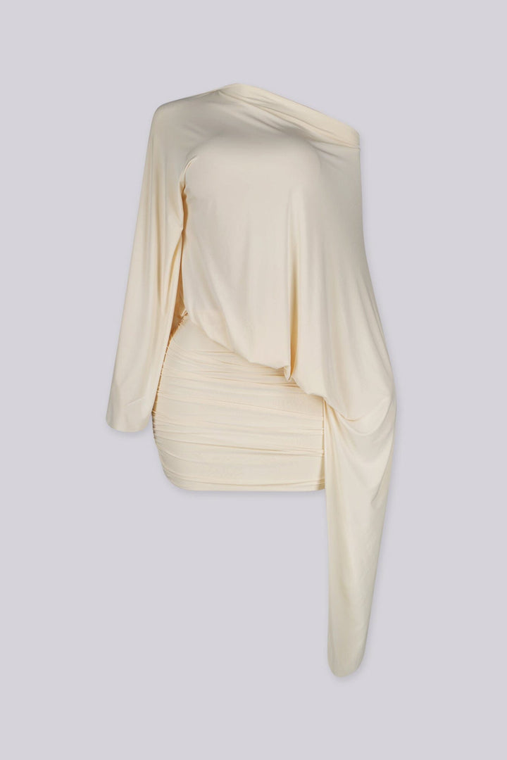 One shoulder relaxed mini dress with asymmetric neckline featuring long trailing sash at one side