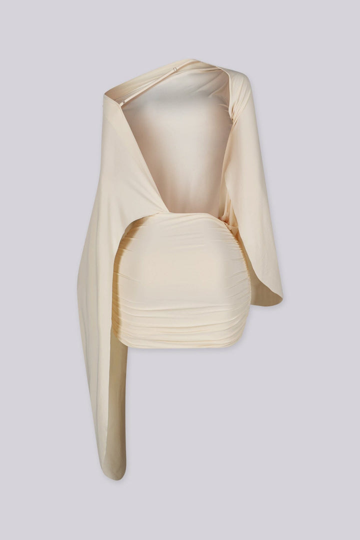 One shoulder relaxed mini dress with asymmetric neckline featuring long trailing sash at one side