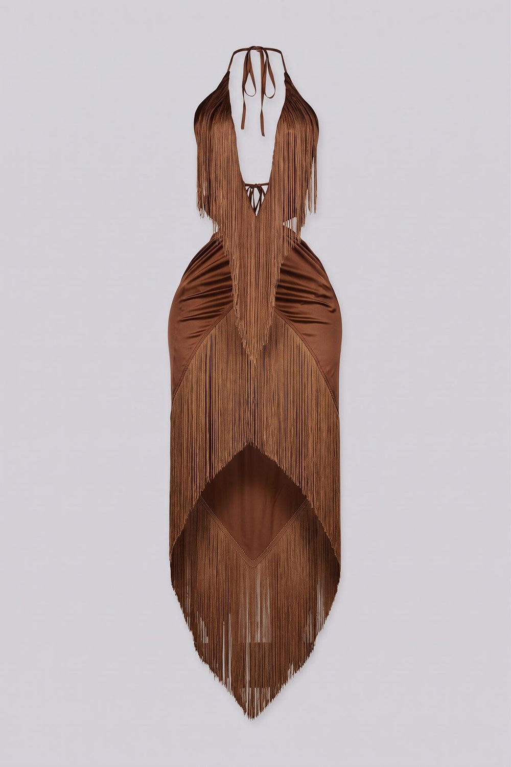 Satin halter maxi dress with all-over fringe detailing, Plunging deep V neckline halter neck tie with ruched details